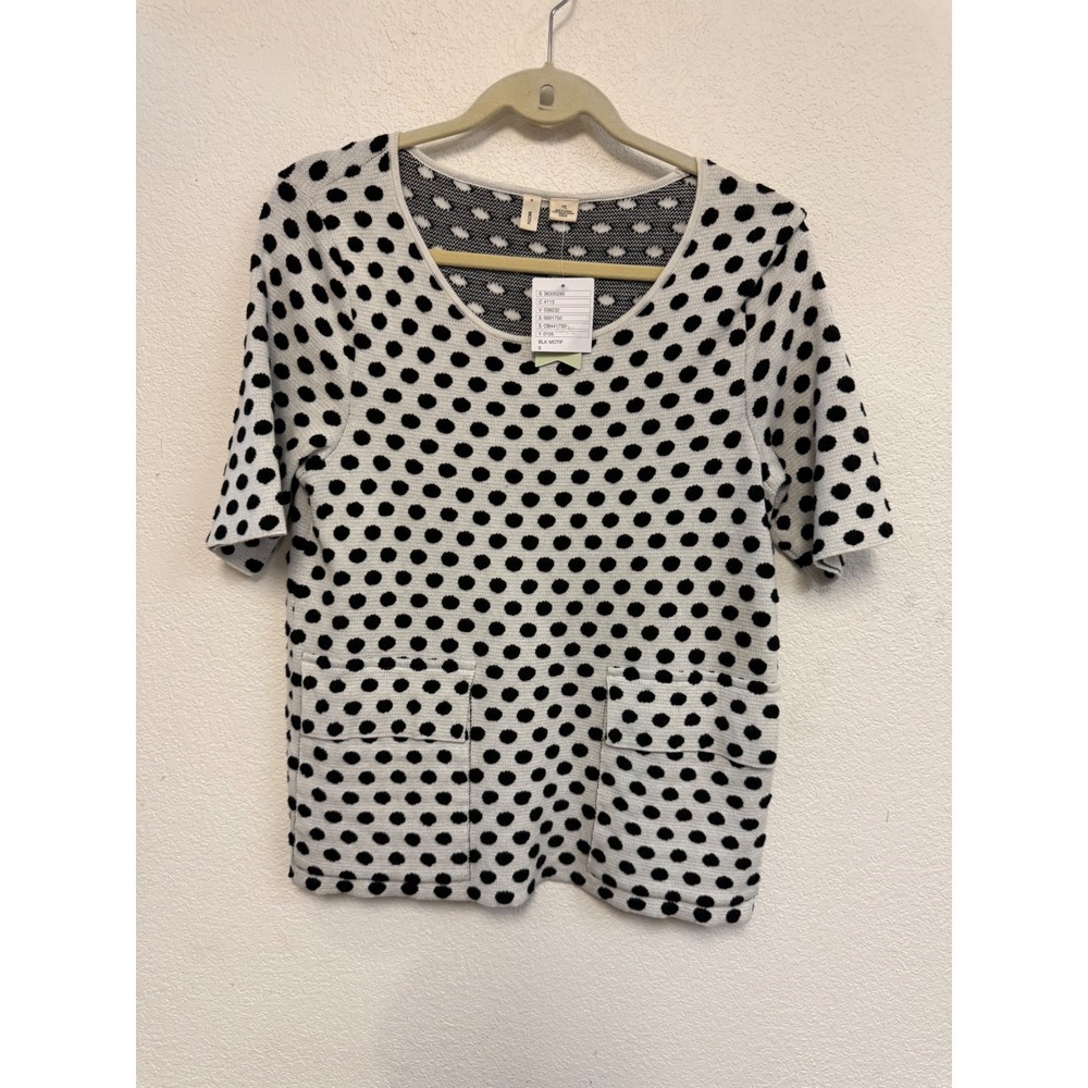 Anthropologie Moth Women's Small Polka Dot Knit Top Black White Cotton Pockets